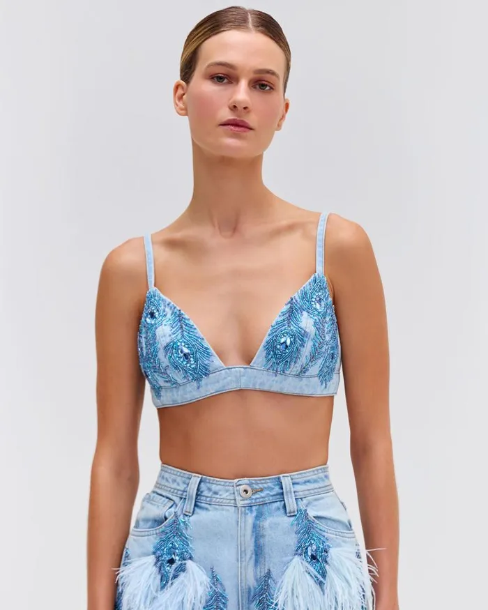 Women Bottoms PatBO Beaded Feather Denim Shorts EXCLUSIVE Denim