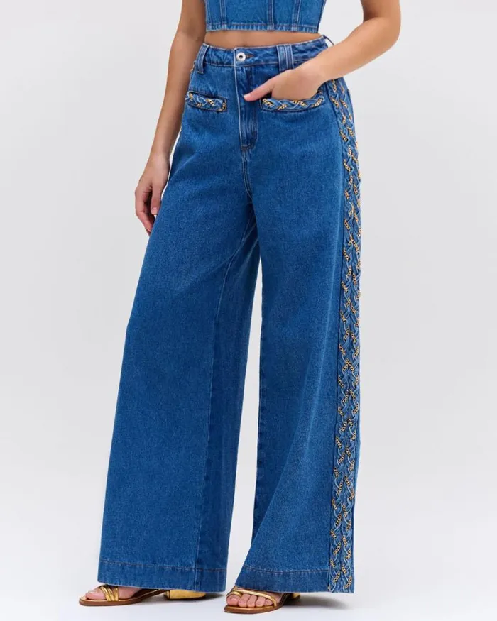 Women Bottoms PatBO Braided Wide Leg Jeans Denim