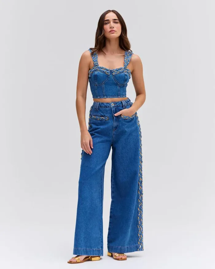 Women Bottoms PatBO Braided Wide Leg Jeans Denim