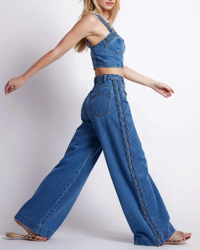 Women Bottoms PatBO Braided Wide Leg Jeans Denim