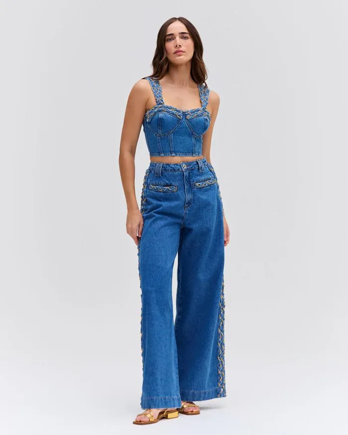 Women Bottoms PatBO Braided Wide Leg Jeans Denim