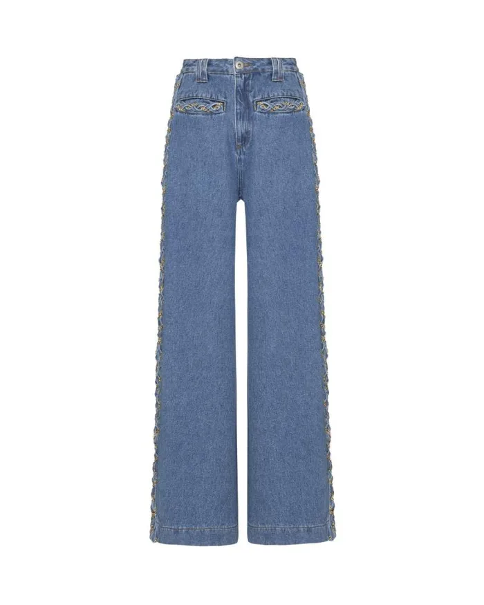 Women Bottoms PatBO Braided Wide Leg Jeans Denim
