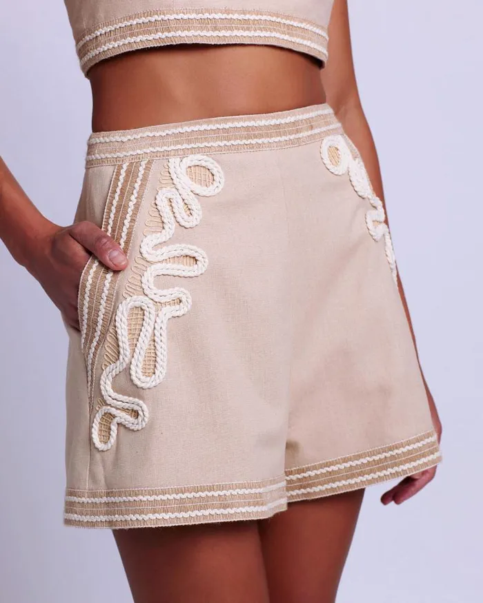 Women Bottoms PatBO Embroidered Linen Shorts Sand