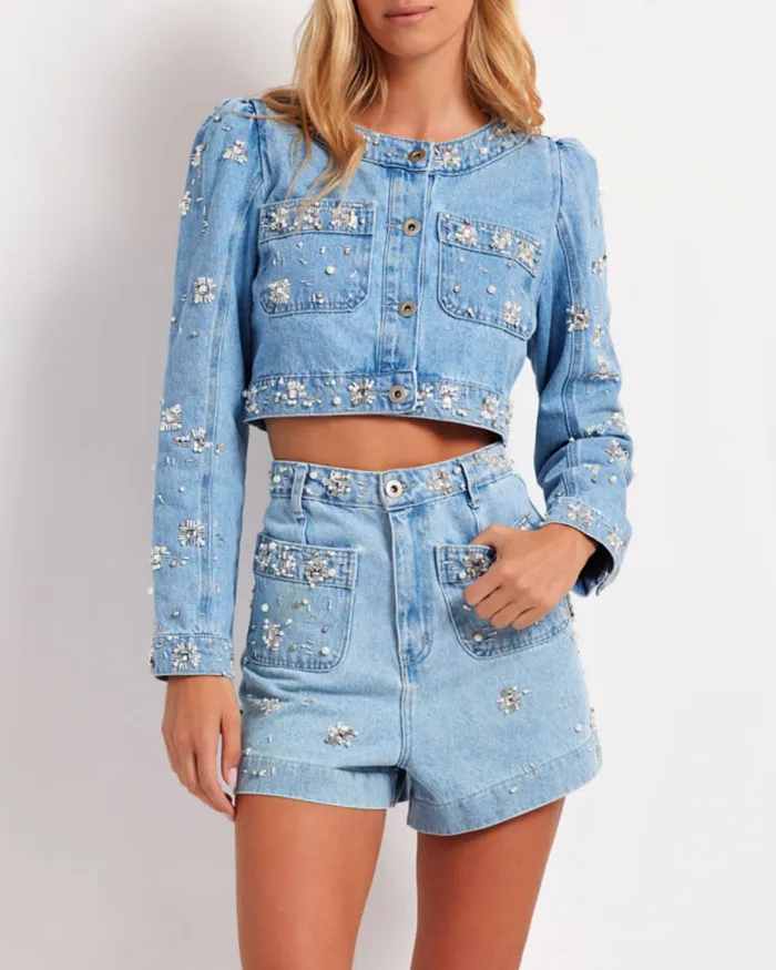 Women Bottoms PatBO HandBeaded Denim Shorts FINAL SALE Denim