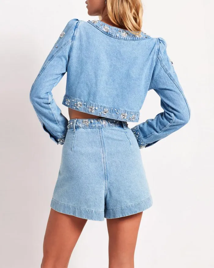 Women Bottoms PatBO HandBeaded Denim Shorts FINAL SALE Denim