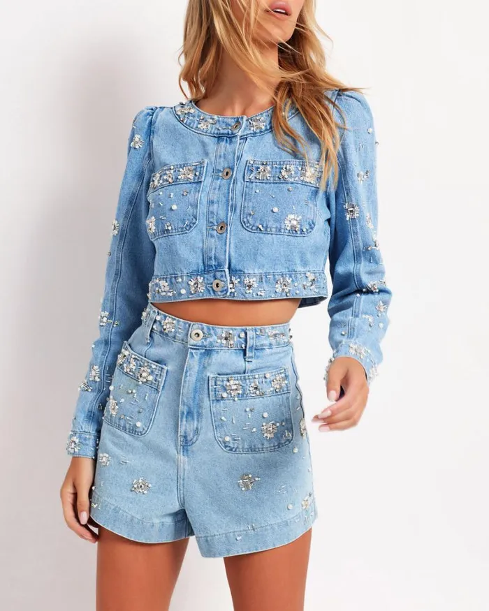 Women Bottoms PatBO HandBeaded Denim Shorts FINAL SALE Denim