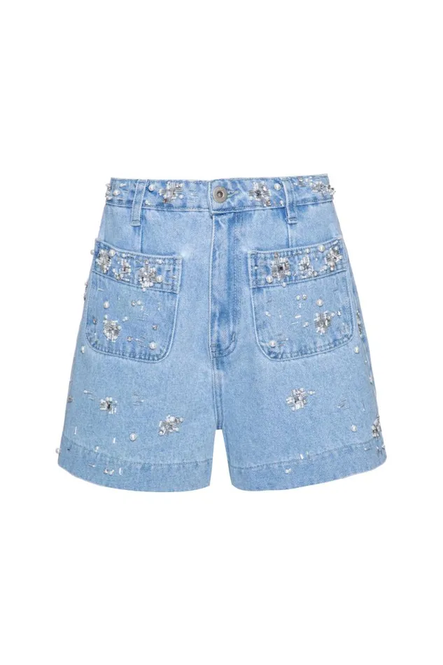 Women Bottoms PatBO HandBeaded Denim Shorts FINAL SALE Denim
