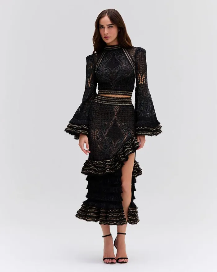 Women Bottoms PatBO LACE AND FRINGE MAXI SKIRT Black