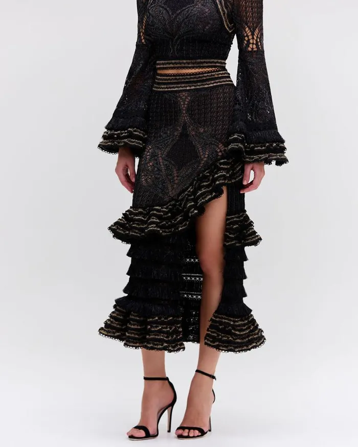 Women Bottoms PatBO LACE AND FRINGE MAXI SKIRT Black