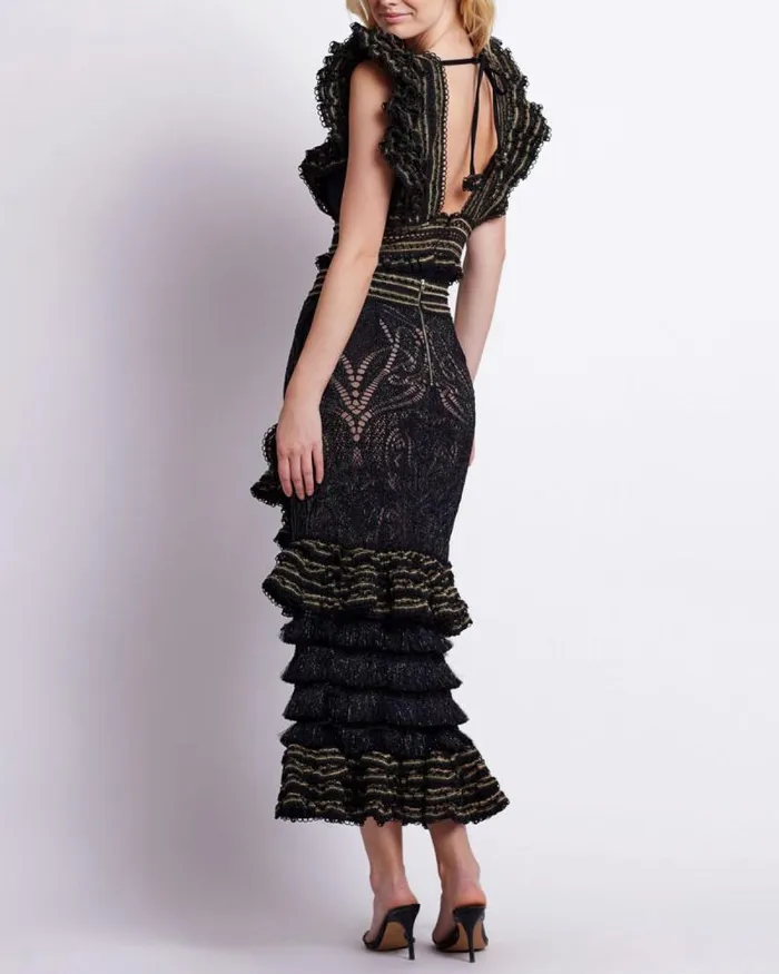 Women Bottoms PatBO LACE AND FRINGE MAXI SKIRT Black