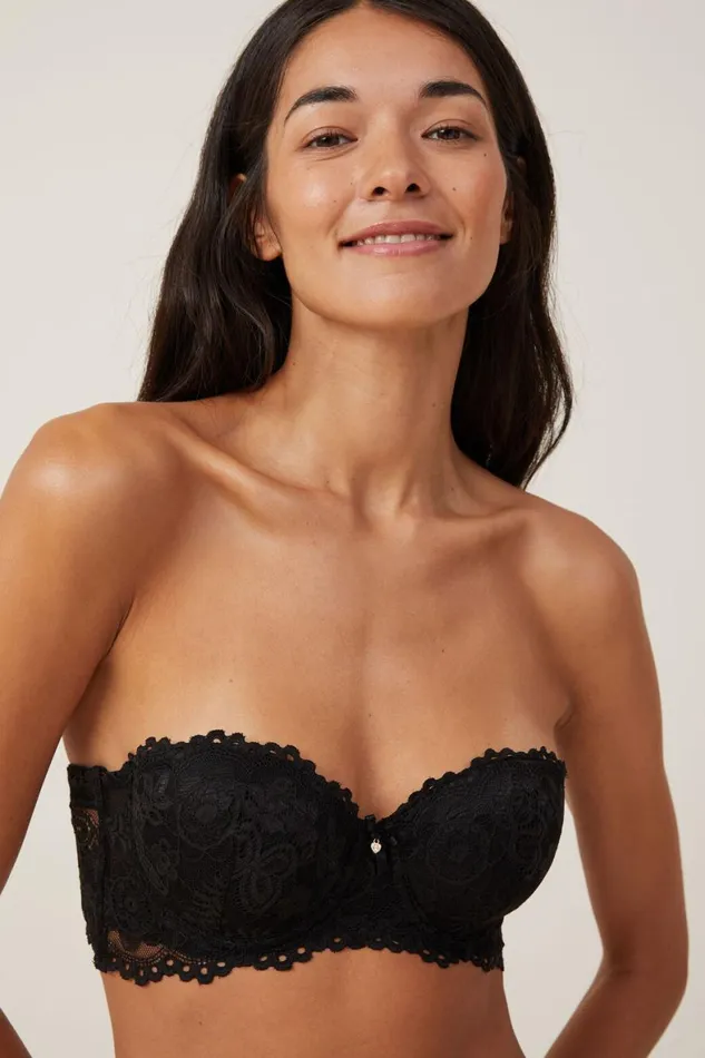 Women Bras Cotton On Butterfly Lace Strapless Push Up2 Bra Black