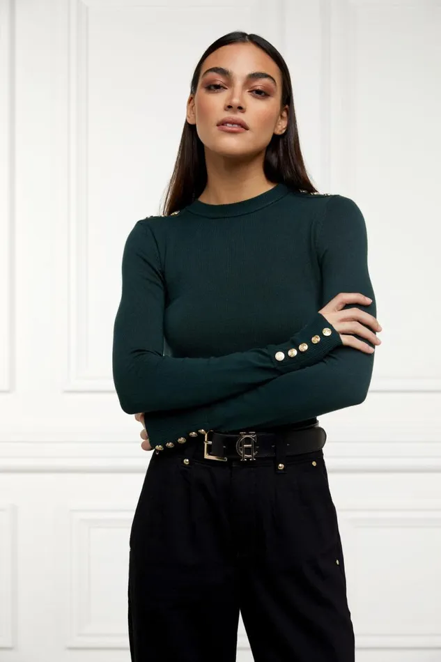 Women Buttoned Knit Crew Neck Deep Emerald Holland Cooper Knitwear