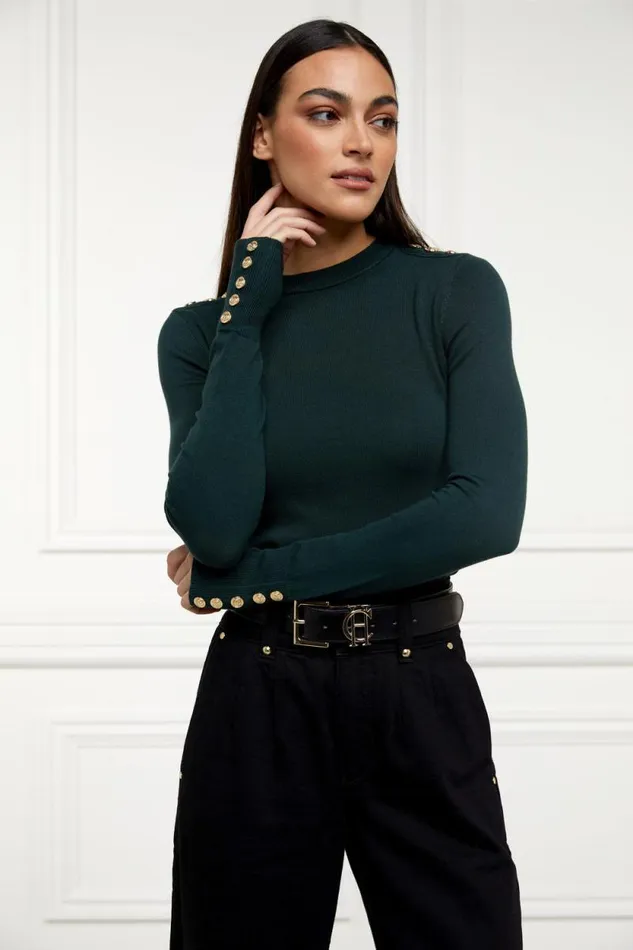 Women Buttoned Knit Crew Neck Deep Emerald Holland Cooper Knitwear