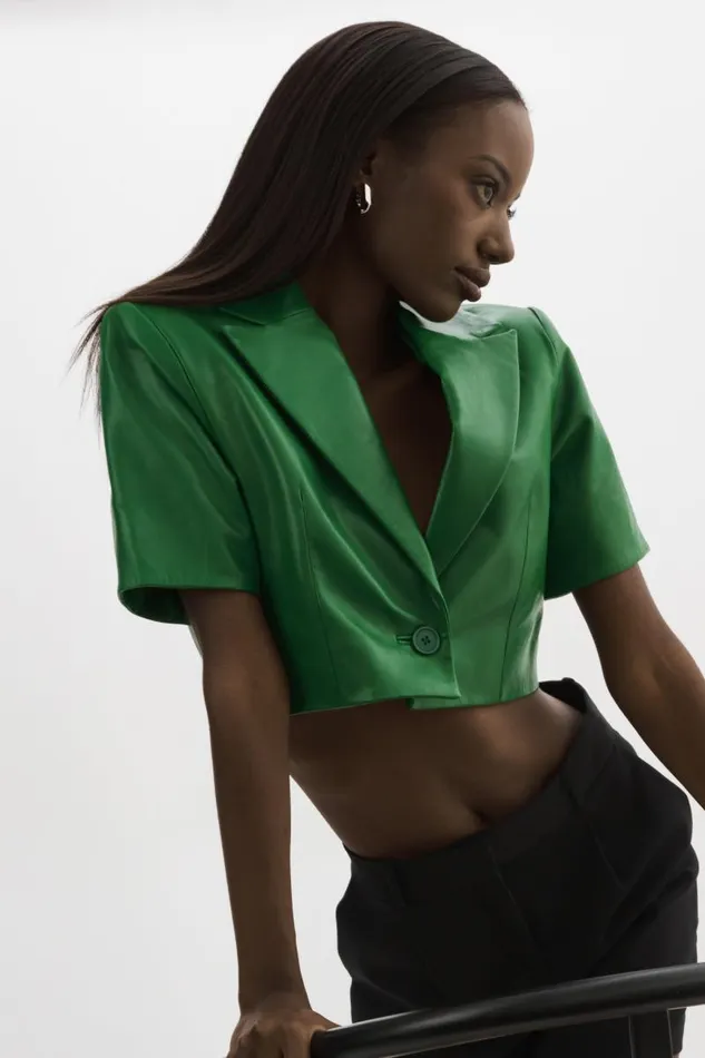 Women CALATEA Short Sleeve Blazer Vibrant Green LAMARQUE Leather Jackets Women CALATEA Short Sleeve Blazer Vibrant Green LAMARQUE Leather Jackets