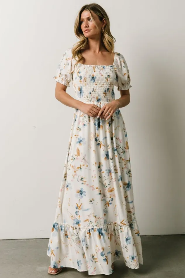 Women Capri Smocked Maxi Dress White Multi Print Baltic Born Bump Friendly