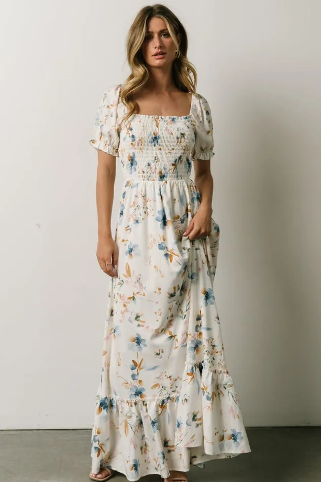 Women Capri Smocked Maxi Dress White Multi Print Baltic Born Bump Friendly
