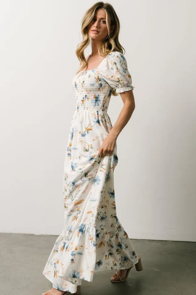 Women Capri Smocked Maxi Dress White Multi Print Baltic Born Bump Friendly
