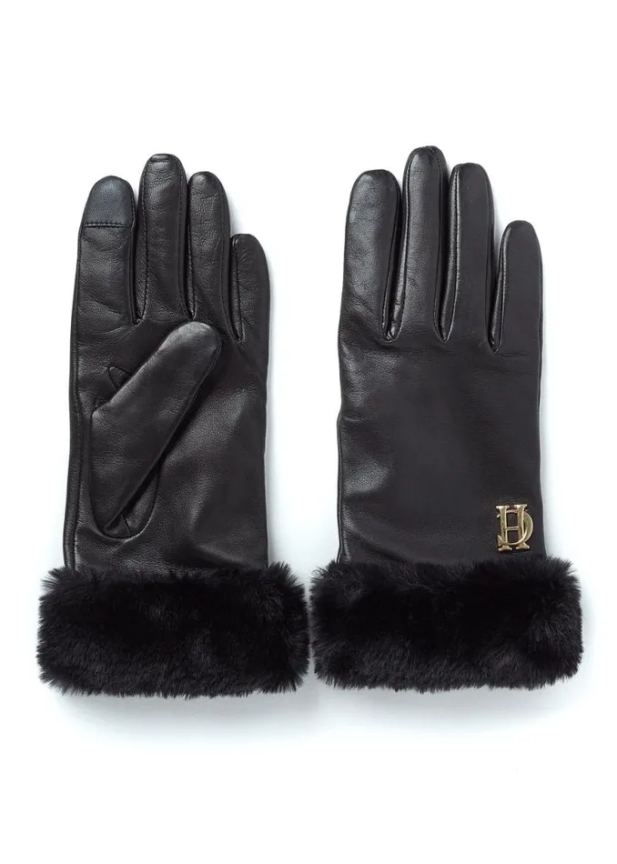 Women Cashmere Lined Faux Trim Leather Gloves Black Holland Cooper Gloves