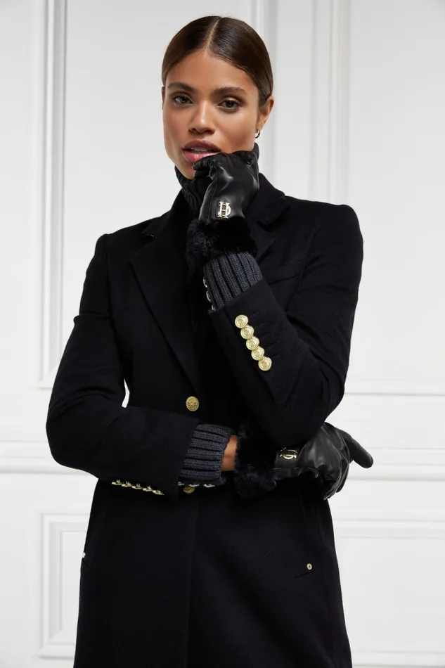 Women Cashmere Lined Faux Trim Leather Gloves Black Holland Cooper Gloves