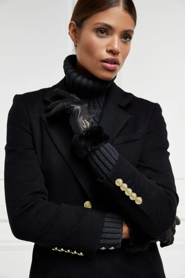 Women Cashmere Lined Faux Trim Leather Gloves Black Holland Cooper Gloves