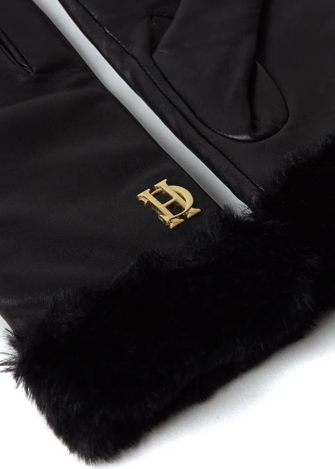 Women Cashmere Lined Faux Trim Leather Gloves Black Holland Cooper Gloves