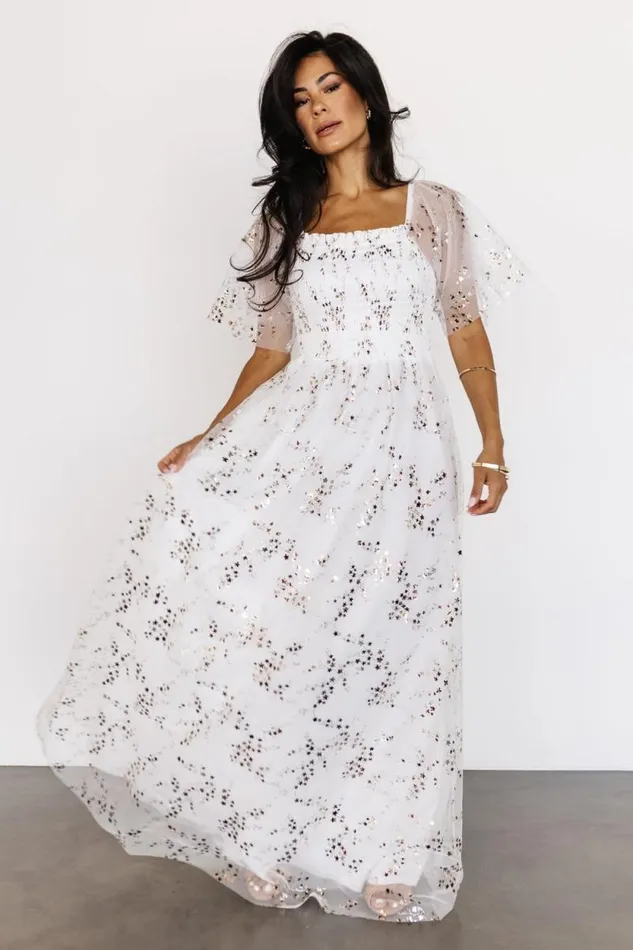 Women Cassandra Tulle Maxi Dress Metallic White Baltic Born Embellished and Sequined