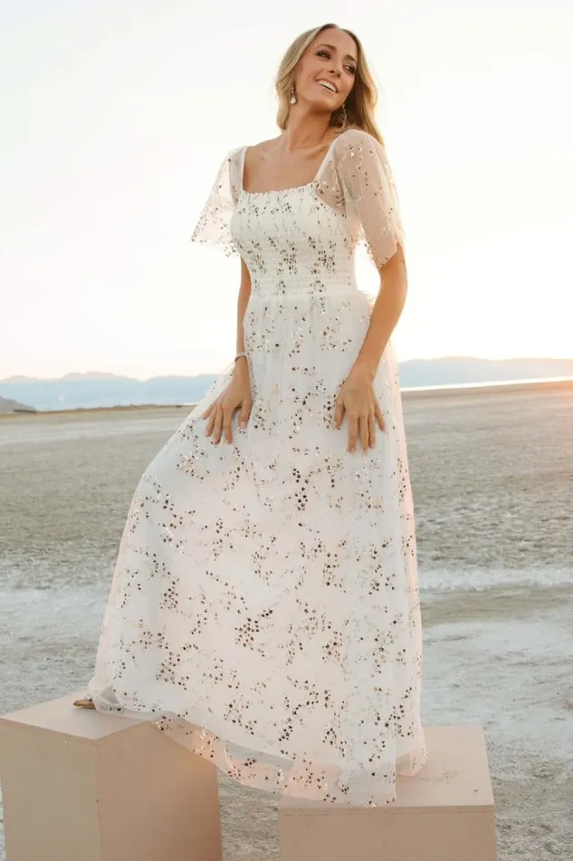 Women Cassandra Tulle Maxi Dress Metallic White Baltic Born Embellished and Sequined Women Cassandra Tulle Maxi Dress Metallic White Baltic Born Embellished and Sequined