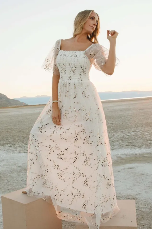 Women Cassandra Tulle Maxi Dress Metallic White Baltic Born Embellished and Sequined Women Cassandra Tulle Maxi Dress Metallic White Baltic Born Embellished and Sequined