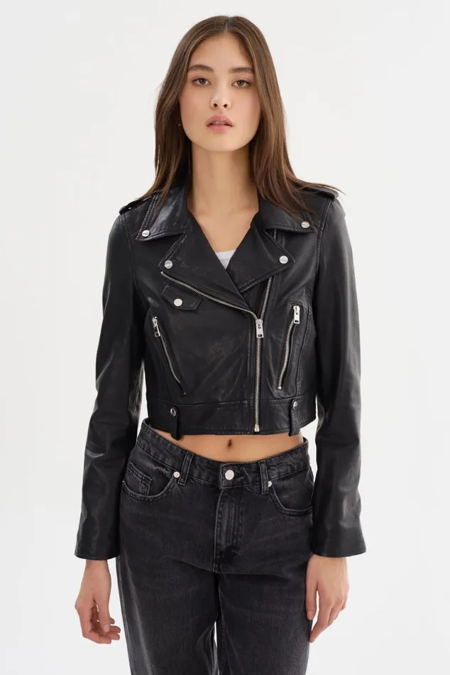 Women CIARA Cropped Leather Biker Jacket Black LAMARQUE Leather Jackets