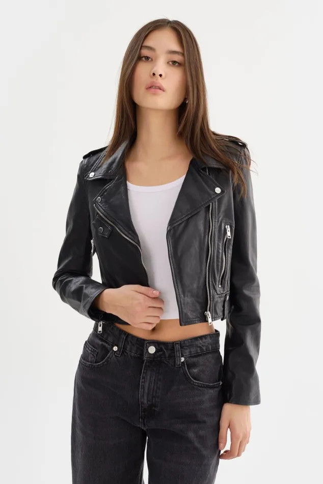 Women CIARA Cropped Leather Biker Jacket Black LAMARQUE Leather Jackets