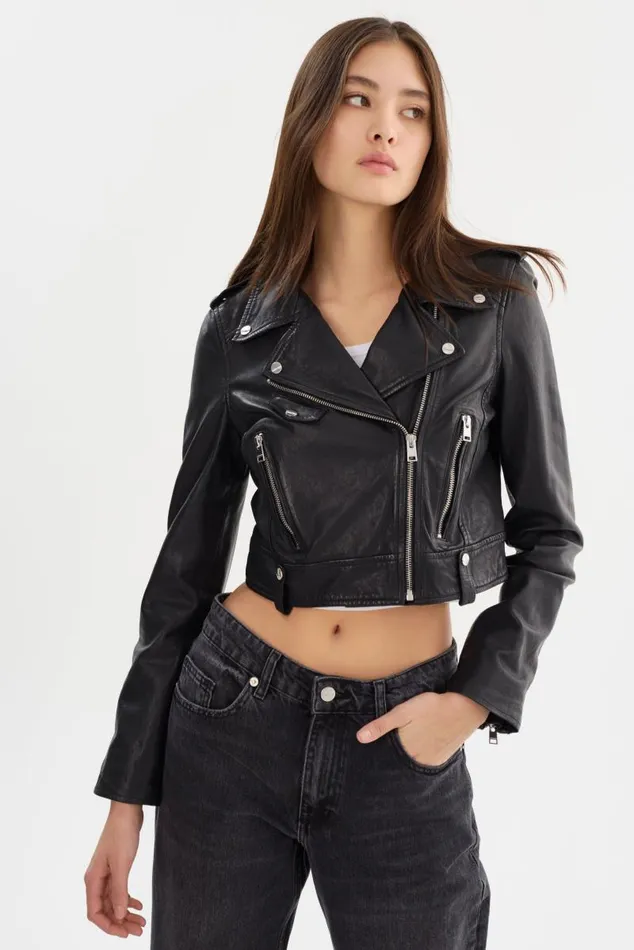 Women CIARA Cropped Leather Biker Jacket Black LAMARQUE Leather Jackets
