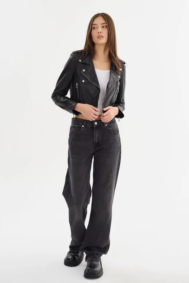 Women CIARA Cropped Leather Biker Jacket Black LAMARQUE Leather Jackets