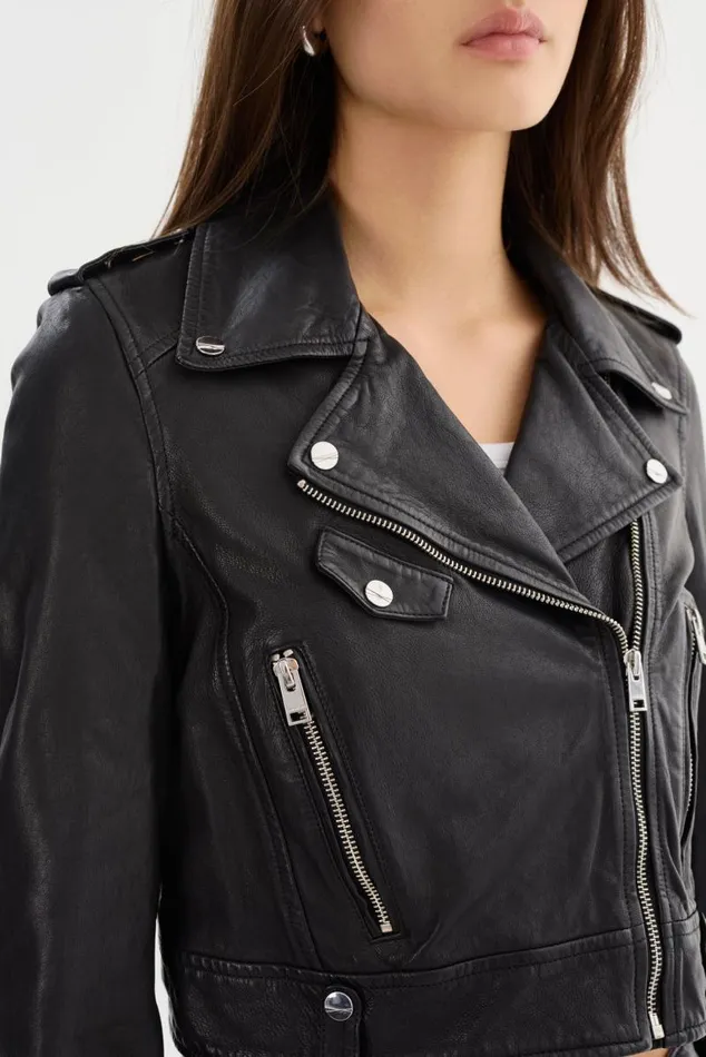 Women CIARA Cropped Leather Biker Jacket Black LAMARQUE Leather Jackets