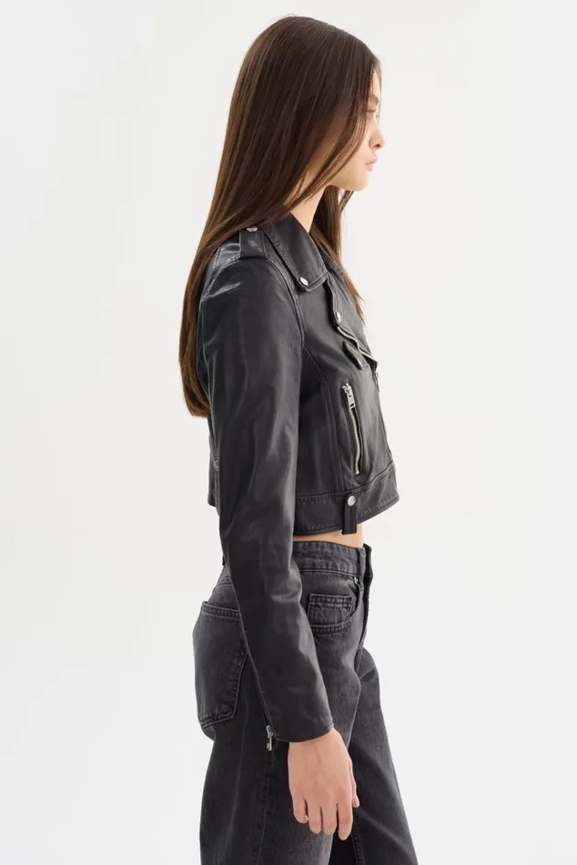 Women CIARA Cropped Leather Biker Jacket Black LAMARQUE Leather Jackets