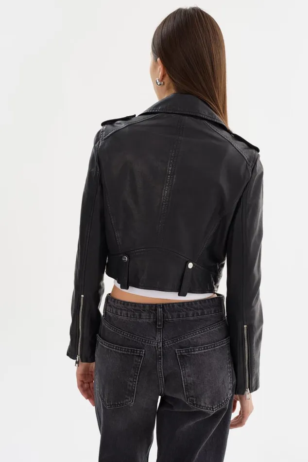Women CIARA Cropped Leather Biker Jacket Black LAMARQUE Leather Jackets