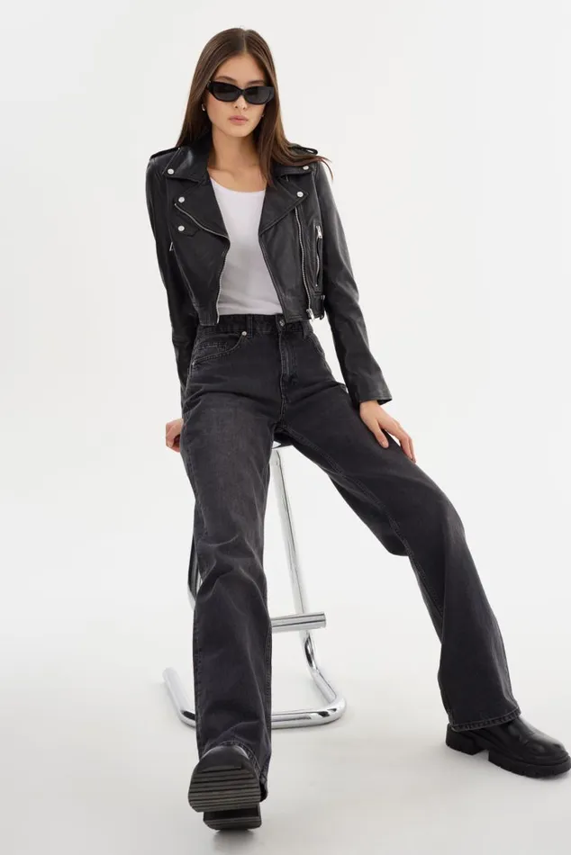 Women CIARA Cropped Leather Biker Jacket Black LAMARQUE Leather Jackets