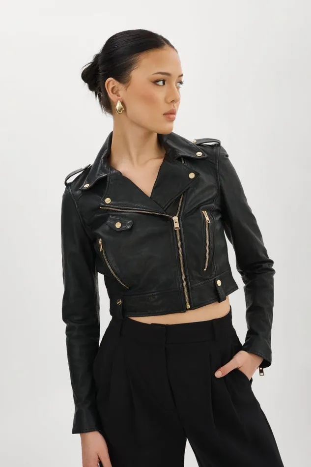 Women CIARA GOLD Cropped Leather Biker Jacket Black LAMARQUE Leather Jackets