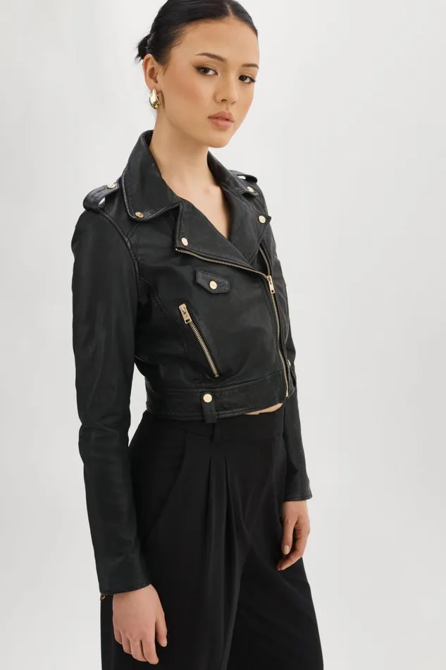 Women CIARA GOLD Cropped Leather Biker Jacket Black LAMARQUE Leather Jackets