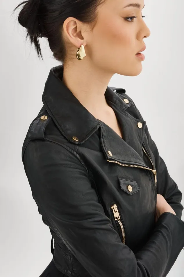 Women CIARA GOLD Cropped Leather Biker Jacket Black LAMARQUE Leather Jackets