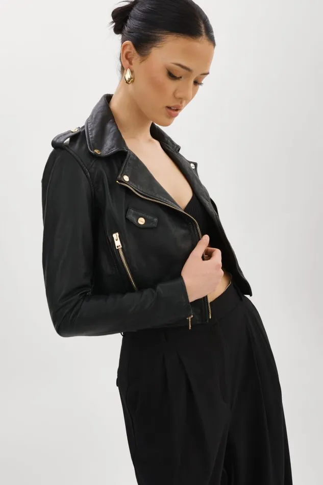 Women CIARA GOLD Cropped Leather Biker Jacket Black LAMARQUE Leather Jackets