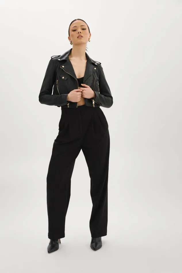Women CIARA GOLD Cropped Leather Biker Jacket Black LAMARQUE Leather Jackets