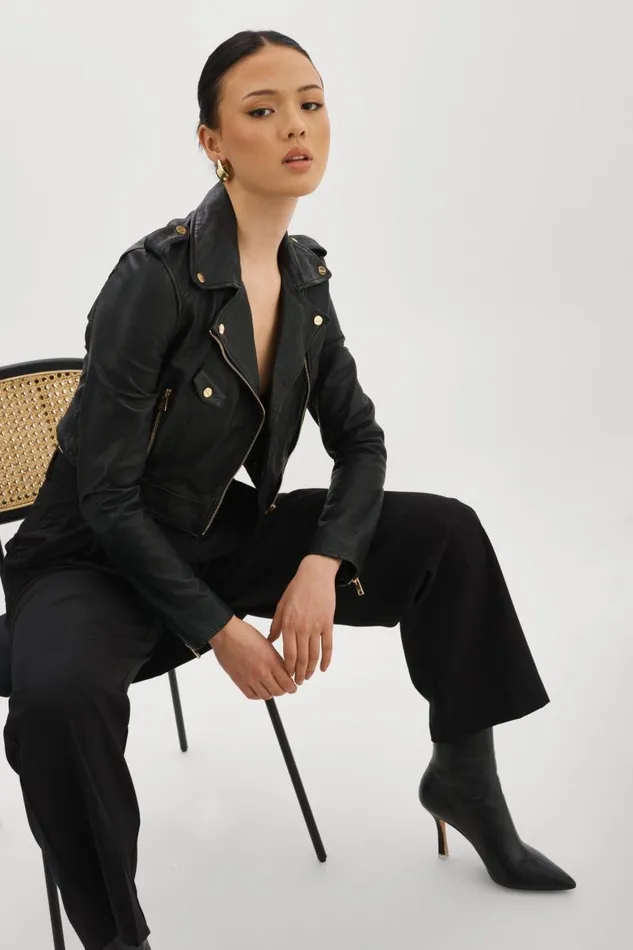 Women CIARA GOLD Cropped Leather Biker Jacket Black LAMARQUE Leather Jackets