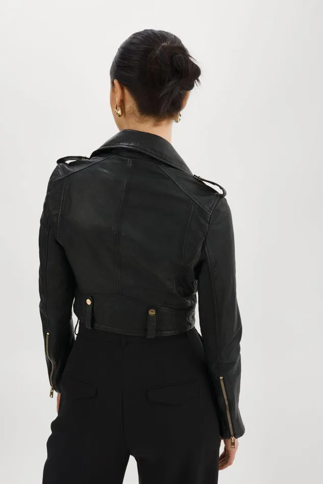 Women CIARA GOLD Cropped Leather Biker Jacket Black LAMARQUE Leather Jackets