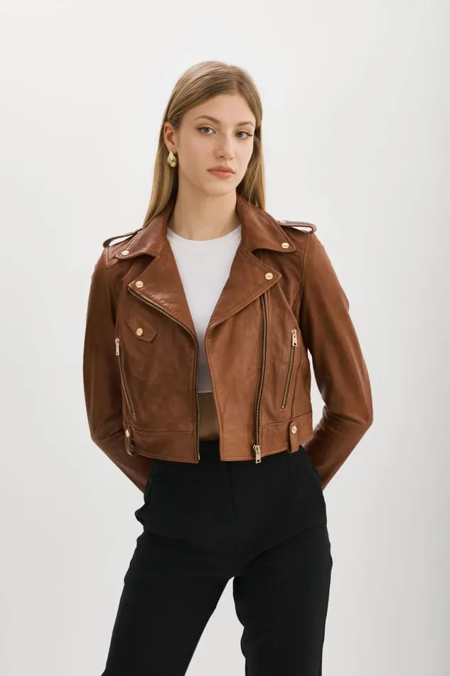 Women CIARA GOLD Cropped Leather Biker Jacket Luggage LAMARQUE Leather Jackets