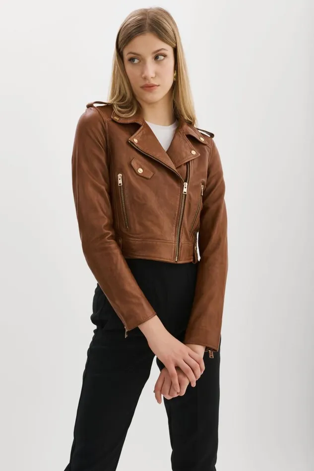 Women CIARA GOLD Cropped Leather Biker Jacket Luggage LAMARQUE Leather Jackets