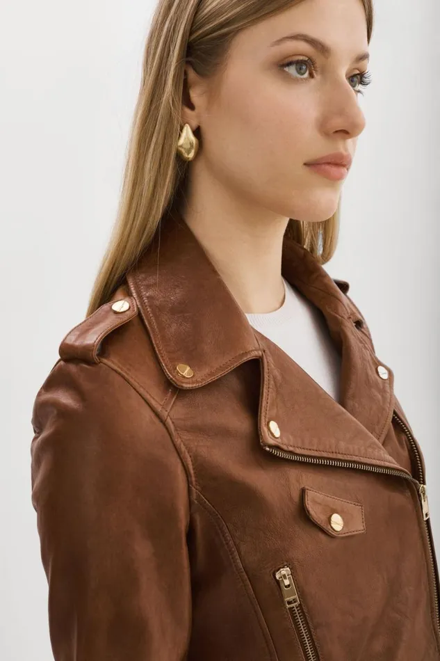 Women CIARA GOLD Cropped Leather Biker Jacket Luggage LAMARQUE Leather Jackets