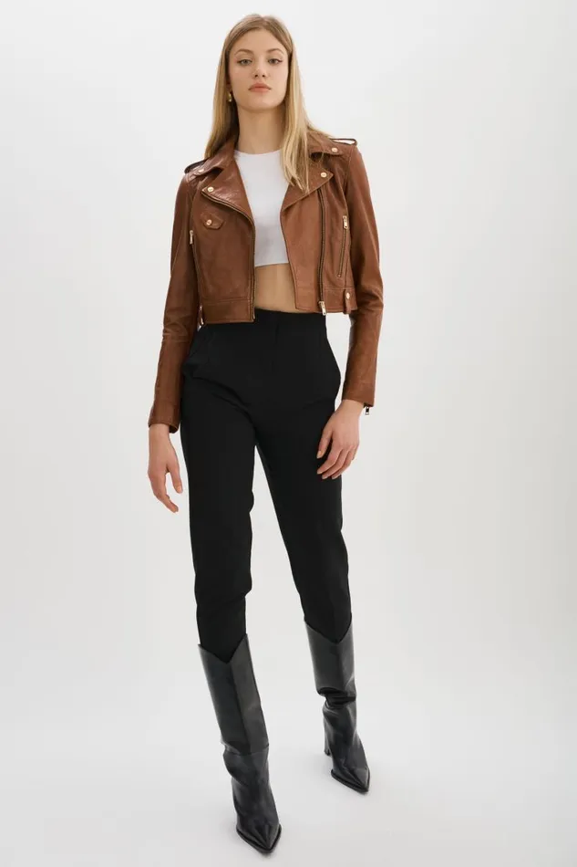 Women CIARA GOLD Cropped Leather Biker Jacket Luggage LAMARQUE Leather Jackets