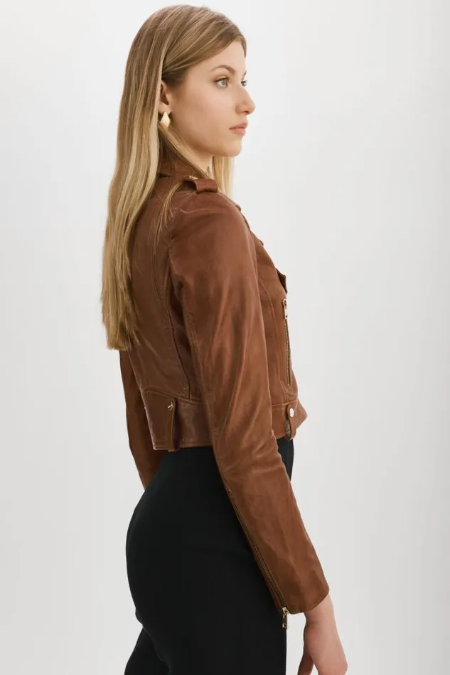 Women CIARA GOLD Cropped Leather Biker Jacket Luggage LAMARQUE Leather Jackets