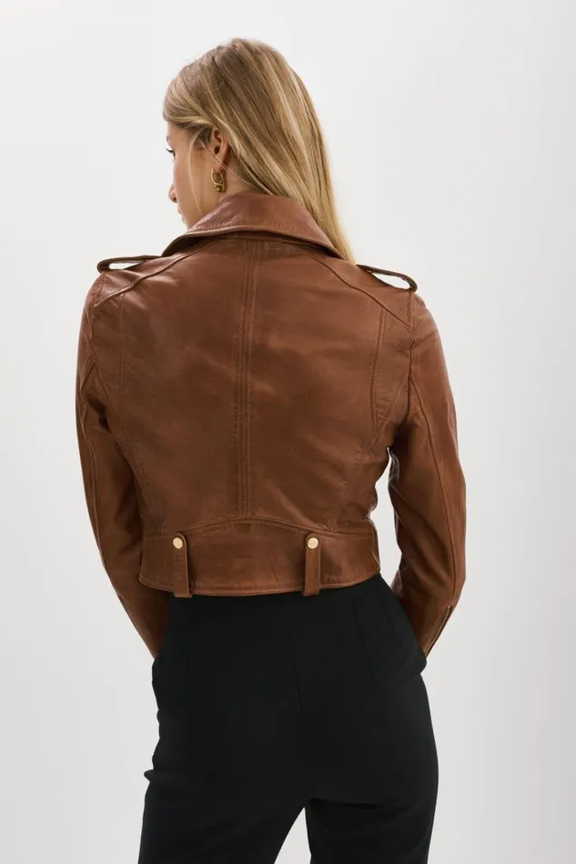 Women CIARA GOLD Cropped Leather Biker Jacket Luggage LAMARQUE Leather Jackets