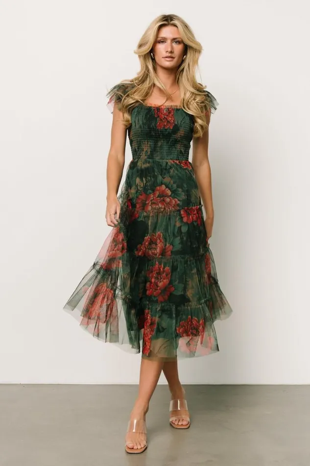 Women Clementine Tulle Midi Dress Dark Green Floral Baltic Born Tulle Styles
